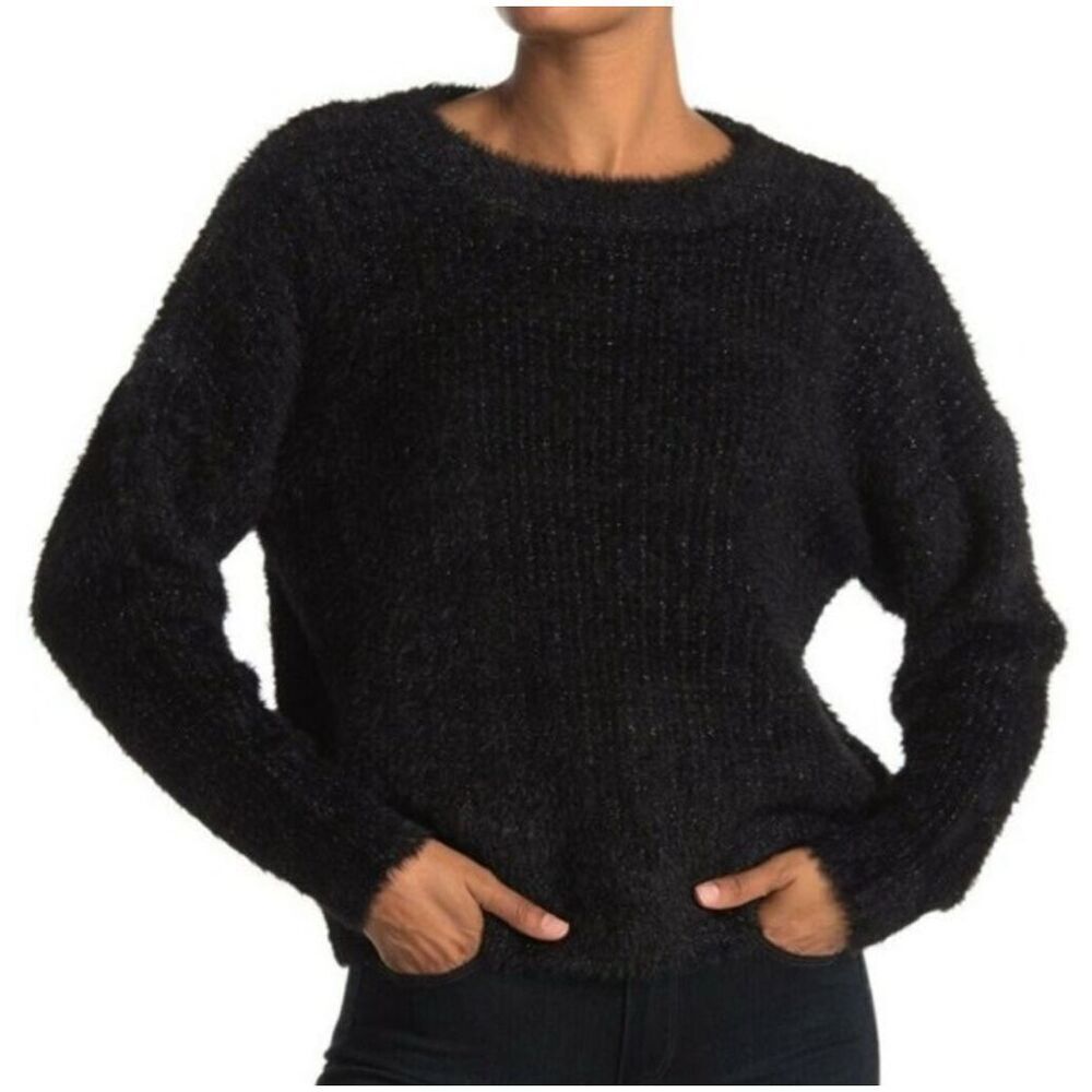 Frnch eyelash sparkly fuzzy cozy shimmer black crop sweater